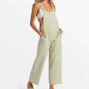 BILLABONG PACIFIC TIME JUMPSUIT Light Sage Green Wide-Leg Linen Overalls